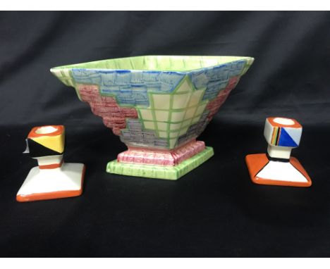 PAIR OF BURSLEY WARE ART DECO HAND PAINTED DAWRF CANDLESTICKS, along with hand painted Myott planter and a hand painted Art D