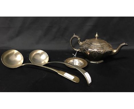 SILVER CIRCULAR DISH, along with a silver plated teapot and a two silver plated ladles (4)