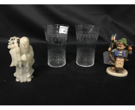 TWO HUMMEL FIGURES, along with a set of glasses and a small soapstone figure of Shou Lao