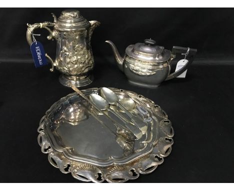 VICTORIAN EMBOSSED SILVER PLATED HOT WATER JUG, along with a three piece tea service, two trays, cutlery and a circular compo