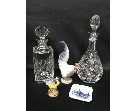 TWO CRYSTAL DECANTERS, along with a Royal Copenhagen Rooster figure, a Royal Copenhagen dish and a Royal Worcester 'Great Tit