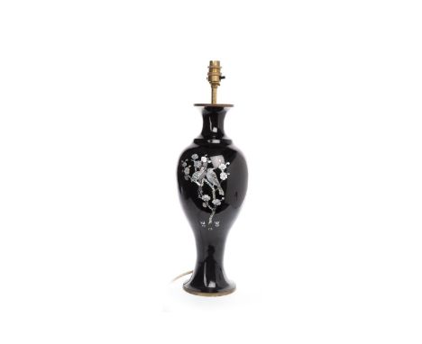 20TH CENTURY CHINESE BLACK LACQUER VASE/LAMP, inlaid with mother of pearl depicting birds perched on flowering branches, 41cm