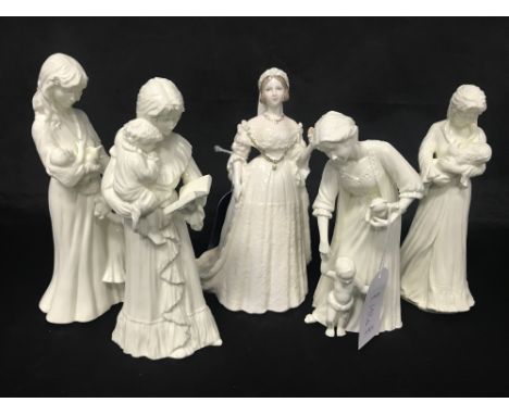 COALPORT FIGURE OF QUEEN VICTORIA, designed by Shirley Curzon; along with four Royal Worcester figures comprising First Steps