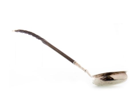 EARLY 19TH CENTURY SILVER PLATED PUNCH LADLE, unmarked, initialled to mount, turned whale bone handle, plated terminal, 43cm 