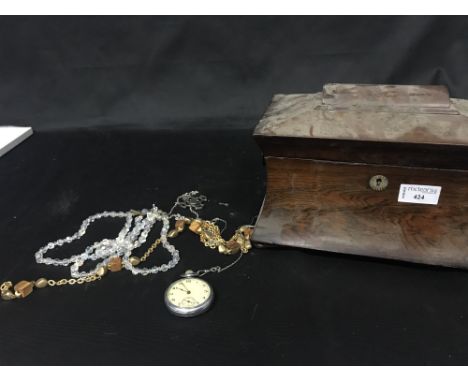 MAHOGANY TEA CADDY, containing costume jewellery