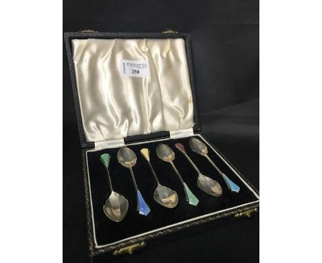 SET OF SIX ART DECO STYLE SILVER AND ENAMEL COFFEE SPOONS, with Birmingham marks for 1948