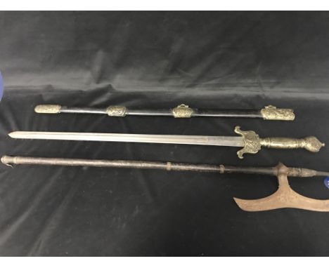 EARLY 20TH CENTURY WAR AXE, possibly Indian, along with a reproduction Chinese sword (2)