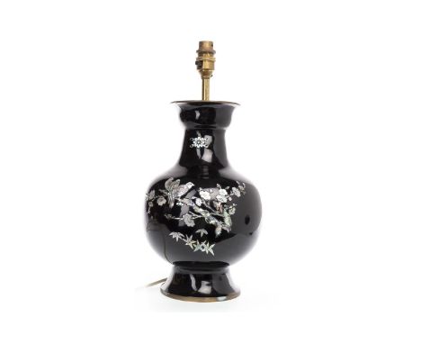 20TH CENTURY CHINESE BLACK LACQUER VASE/LAMP, inlaid with mother of pearl depicting birds perched on flowering branches, 30.5