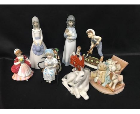 ROYAL WORCESTER FIGURE OF SATURDAYS CHILD, along with other ceramic figures including Nao and Royal Doulton