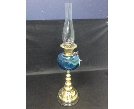 BRASS COLUMN OIL LAMP WITH BLUE GLASS RESERVOIR