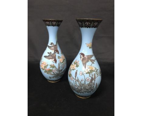 PAIR OF JAPANESE CLOISONNÉ ENAMEL VASES decorated with birds and flowers
