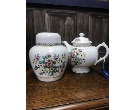 COALPORT MING ROSE PART TEA SERVICE, comprising teapot, six cups, five saucers, six side plates, six sandwich plates, cream j