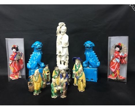 PAIR OF BLUE CERAMIC FOE DOGS, along with a painted soapstone figure and a collection of Asian style figures