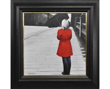 * GERARD BURNS (SCOTTISH b. 1961), REDCOAT ON THE BRIDGE oil on canvas, signedframedimage size 60cm x 60cm, overall size 82cm