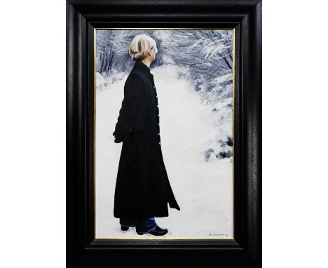 * GERARD BURNS (SCOTTISH b. 1961), BLACK COAT IN THE SNOW oil on canvas, signedframedimage size 90cm x 60cm, overall size 112