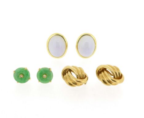 Three pairs of earrings, including a pair of lavender jade cabochon earrings with post and clip fittings, a pair of jade and 