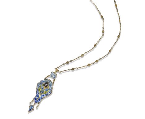 An Arts & Crafts Scottish gold pendant by James Cromar Watt, c1905, decorated with blue and iridescent white enamel with a st