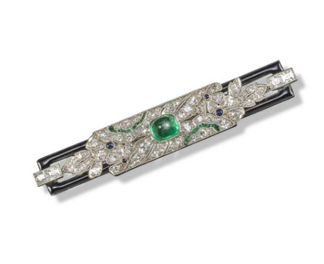 An Art Deco gem-set open foliate bar brooch, c1925, centred with a sugarloaf emerald and millegrain-set with small circular-c