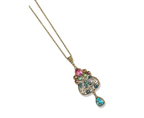 A gem-set gold and enamel pendant attributed to John Paul Cooper, c1908, designed as a cluster of green enamelled flowerheads