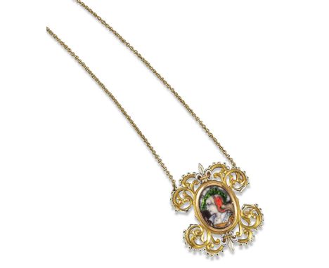 A Revivalist gold pendant with enamel portrait, c1885, the portrait depicting the profile of a woman with elaborate headdress