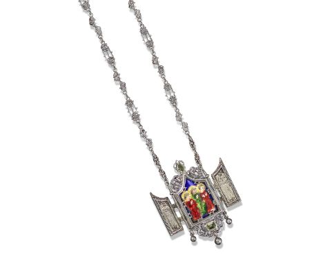 An Arts & Crafts silver tabernacle pendant by Ramsden & Carr, the rectangular silver plaque with double front door embossed w