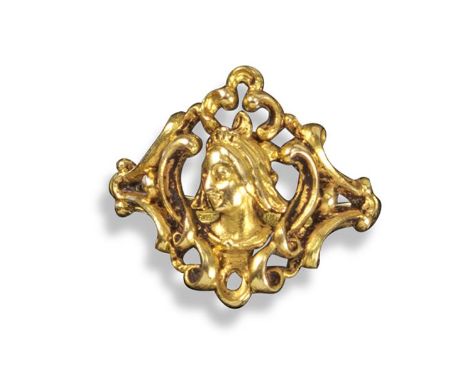 A gold Gothic Revival ring by Wiese, c1885, designed as the head of a woman wearing a hat in the Medieval manner and within o