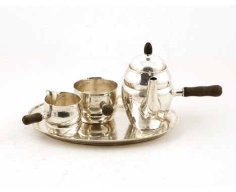 A small three-piece silver cafe au lait set and an oval waiter by Georg Jensen, design no. 1 & 223, c1915-1932, the side hand