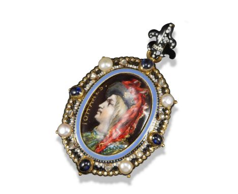 A gem-set gold portrait pendant mounted with an enamel Limoges-style portrait plaque on copper, by Robert Phillips of Cockspu