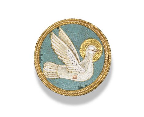 A circular micro-mosiac brooch by Castellani, c1865, depicting the Holy Dove with halo, on light blue ground, the gold brooch