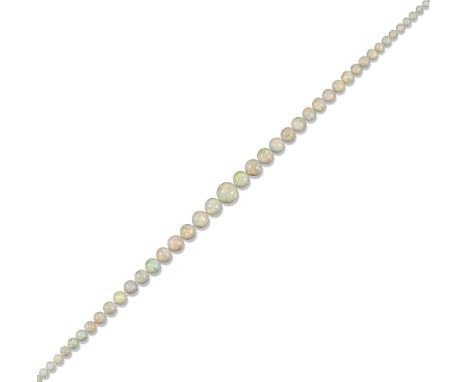 A graduated opal bead necklace, the fifty-four beads graduate from 4.2 - 13.7mm, silver extension chain and clasp, with separ