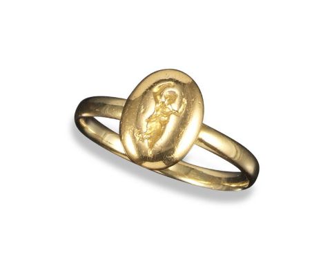 A gold ring by Castellani, c1865, the plain oval head engraved with a dancing girl, signed to the reverse with inverted Cs ca