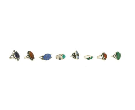 A collection of eight gem-set silver rings by Georg Jensen, post-1945, including a lapis lazuli-set ring within square silver