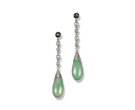 A pair of diamond, seed pearl and jade drop earrings, suspending from diamond-set white gold caps and a line of alternately s