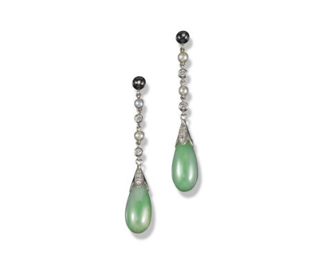 A pair of diamond, seed pearl and jade drop earrings, suspending from diamond-set white gold caps and a line of alternately s