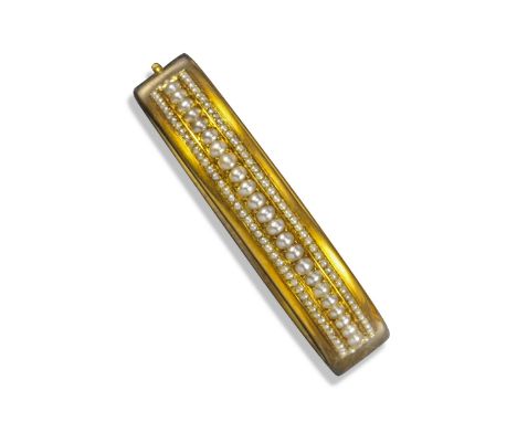 A Victorian seed pearl-set yellow gold hinged bangle, set with a centre line of seed pearls within a border of smaller seed p