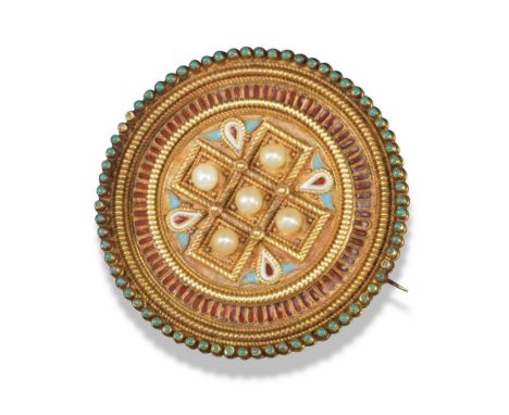 A finely worked 19th century gold brooch in the style of Castellani, c1890, centred with a twisted rope design cruciform sect