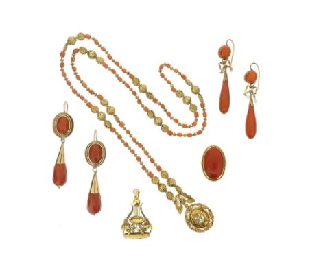 A collection of jewellery items, including an early nineteenth century coral bead necklace, c1800, a large coral cabochon rin