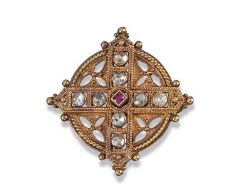 A gem-set gold Revivalist brooch by Castellani, c1865, the cruciform centre section set with rose-cut diamonds and ruby withi