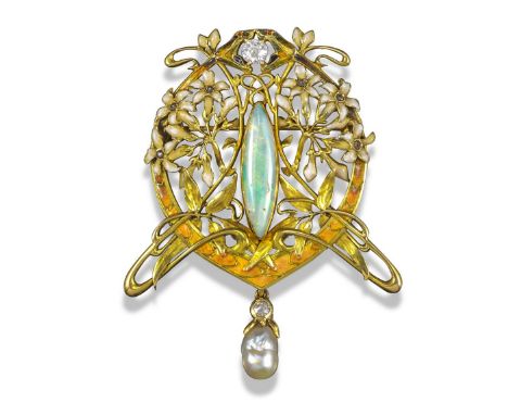 An Art Nouveau gem-set enamel gold brooch, c1900, centred with a navette-shaped white opal cabochon within intricately decora