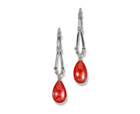 A pair of Art Deco coral and diamond drop earrings, c1925, the drop-shaped corals suspend from a V section of small diamonds 