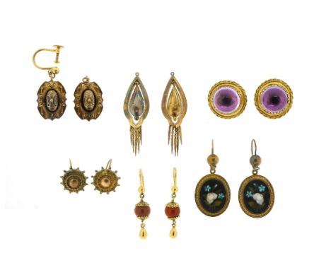 A small quantity of earrings, including a pair of foiled amethyst and gold ear clips, a pair of pietra dura and gold drop ear