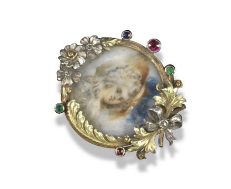 A 19th century miniature portrait brooch by Tiffany, with a glazed painting of a lady in the 18th century-style, two colour g