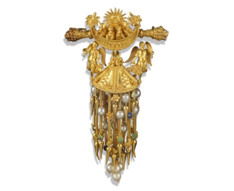 A gold 'Helios'-inspired Revivalist brooch by Melillo, c.1870, in the form of the chariot of the Sun supported on a bar with 