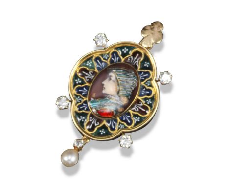 An enamel and gem-set gold portrait pendant, c1890, centred with an enamel oval plaque depicting the profile of a lady in the