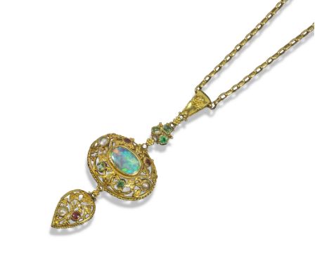 A naturalistic gold pendant by The Artificer's Guild, c1905, the centrepiece set with an oval opal in a frame of pearls, emer