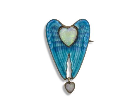 A blue enamel wings brooch by Child & Child, c1905, set with a heart-shaped opal and suspending a smaller heart-shaped opal i