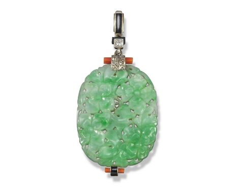 An Art Deco style jade pendant, c1925, the oval-shaped plaque is pierced and carved with foliate decoration and mounted with 