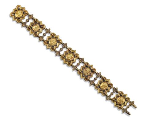 A gold portrait plaque bracelet by Castellani, c1860, six plaques chased with the profile of celebrated Medieval and later ph