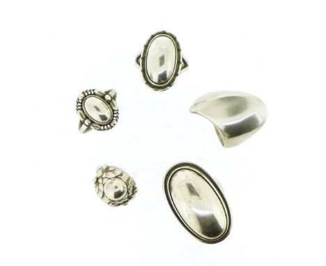 A collection of silver rings by Georg Jensen, including an abstract silver ring, design no. 91 by Nanna Ditzel, size T ½, a f