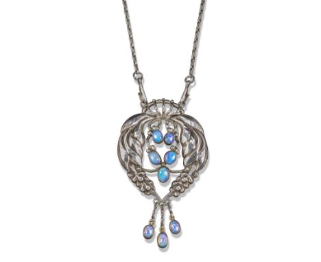 An opal-set silver foliate pendant by Georg Jensen, design no. 5, c1909-1914, of leaf spray design, the open-work centre sect